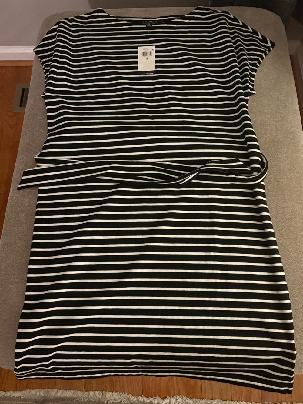 NWT Lauren Ralph Lauren Black & White Striped Tie Waist Midi Dress – Size M